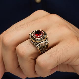 Yuvarlak Kırmızı Taşlı 925 Gümüş Erkek Yüzük