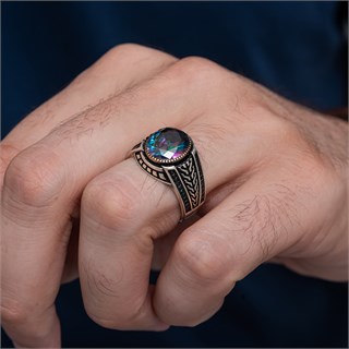 Yuvarlak Mistik Topaz Taşlı Zirkon 925 Gümüş Yüzük Erkek