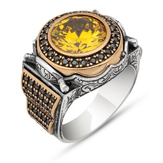 Yuvarlak Sarı Sitrin Taşlı 925 Gümüş Erkek Yüzük