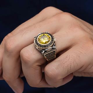 Yuvarlak Sarı Sitrin Taşlı 925 Gümüş Erkek Yüzük