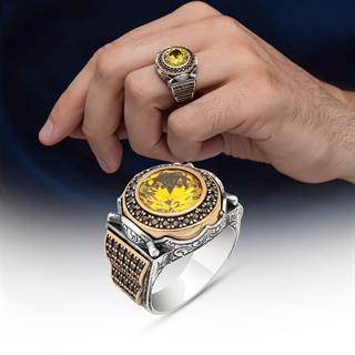 Yuvarlak Sarı Sitrin Taşlı 925 Gümüş Erkek Yüzük