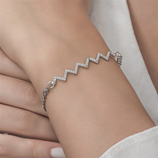 Zikzak Desenli Rodyum Kaplama Taşlı 925 Gümüş Kadın Bileklik