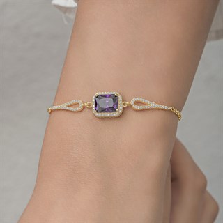 Zirkon Mor Baget Taşlı Altın Kaplama 925 Gümüş Kadın Bileklik