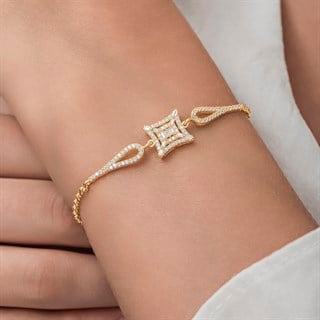 Zirkon Süslemeli Baget Taşlı Altın Kaplama 925 Gümüş Kadın Bileklik