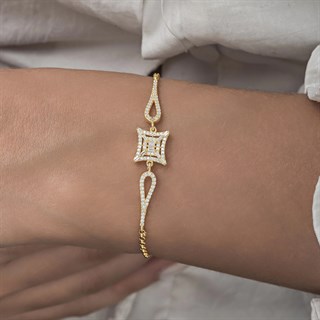 Zirkon Süslemeli Baget Taşlı Altın Kaplama 925 Gümüş Kadın Bileklik