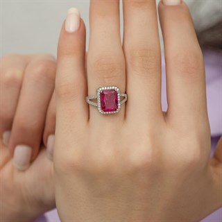 Zirkon Yakut Taşlı Gümüş Bayan Baget Yüzük