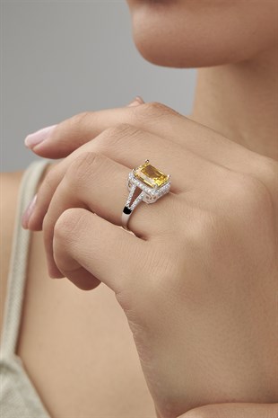 Sitrin Taşlı Baget Gümüş Bayan Yüzük