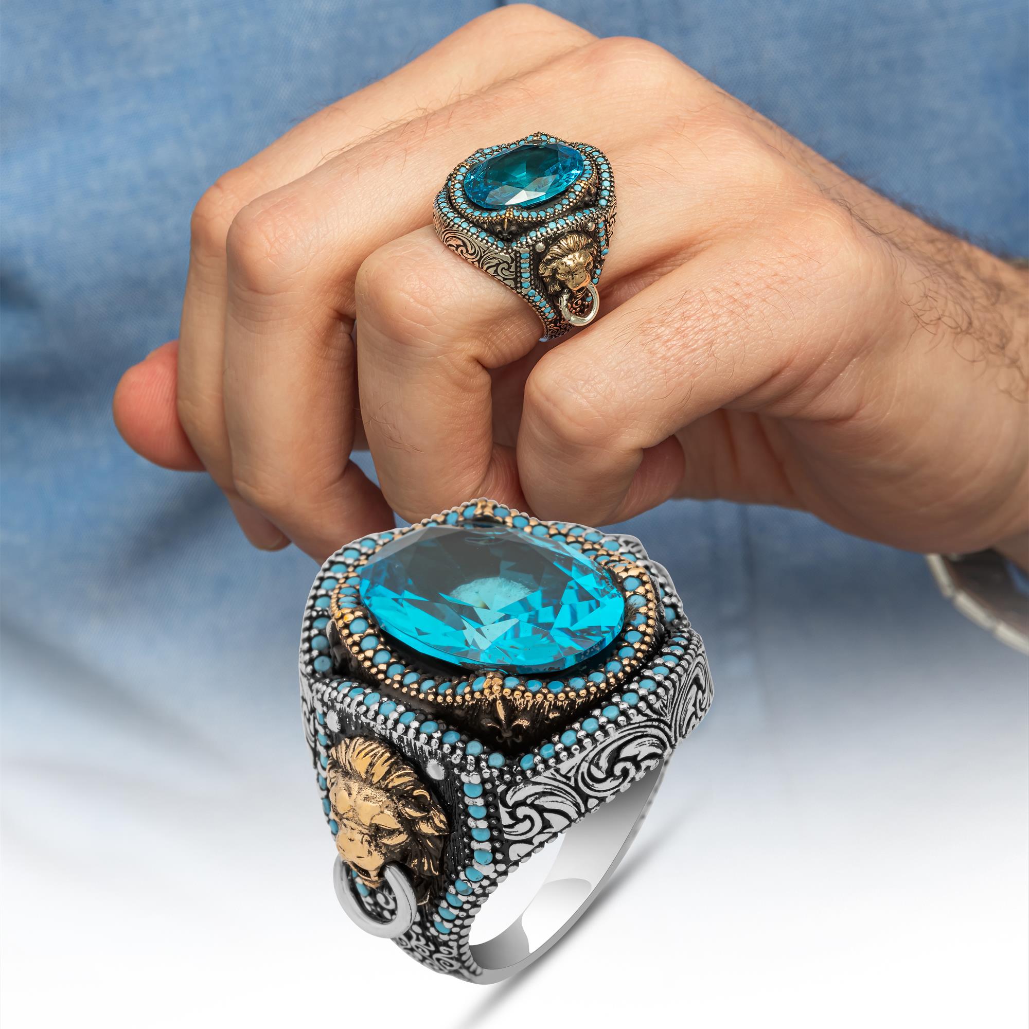 Aslan Başı Kapı Tokmak Modeli Mavi Taşlı 925 Gümüş Yüzük