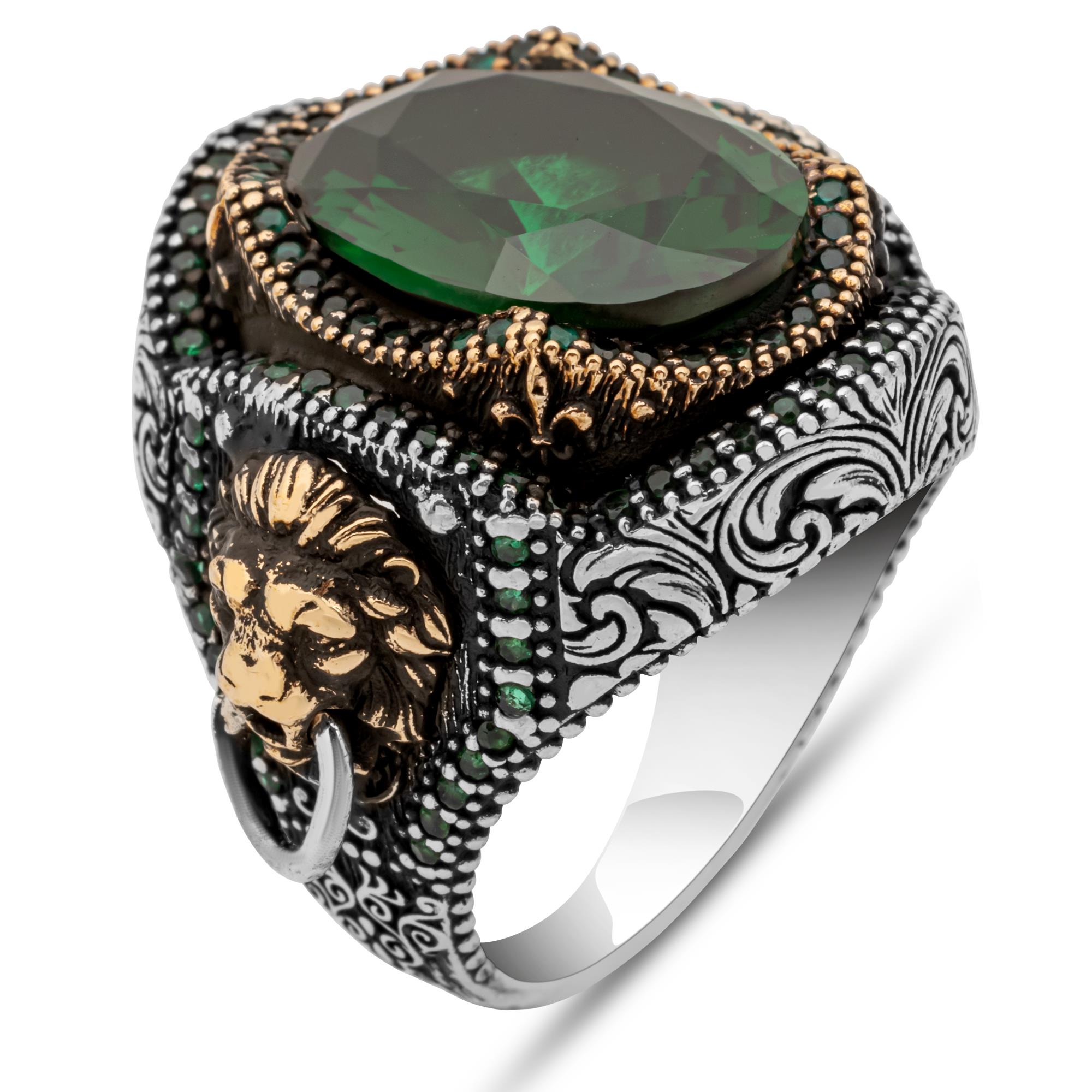 Aslan Başı Kapı Tokmak Modeli Yeşil Taşlı 925 Gümüş Yüzük