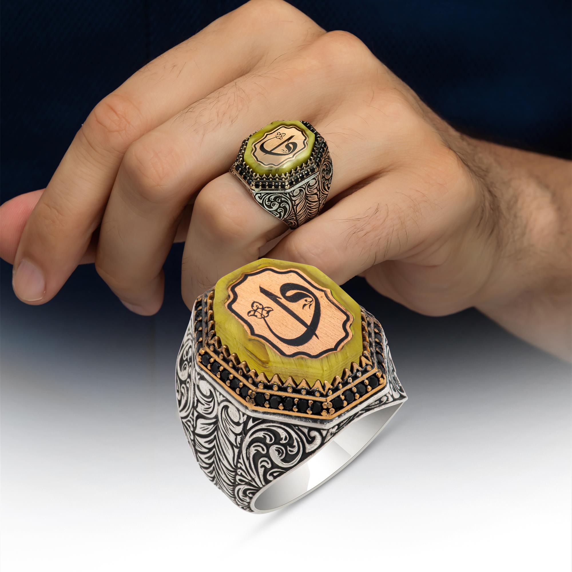 Elif Vav Harfli Sarı Taşlı 925 Gümüş Erkek Yüzük