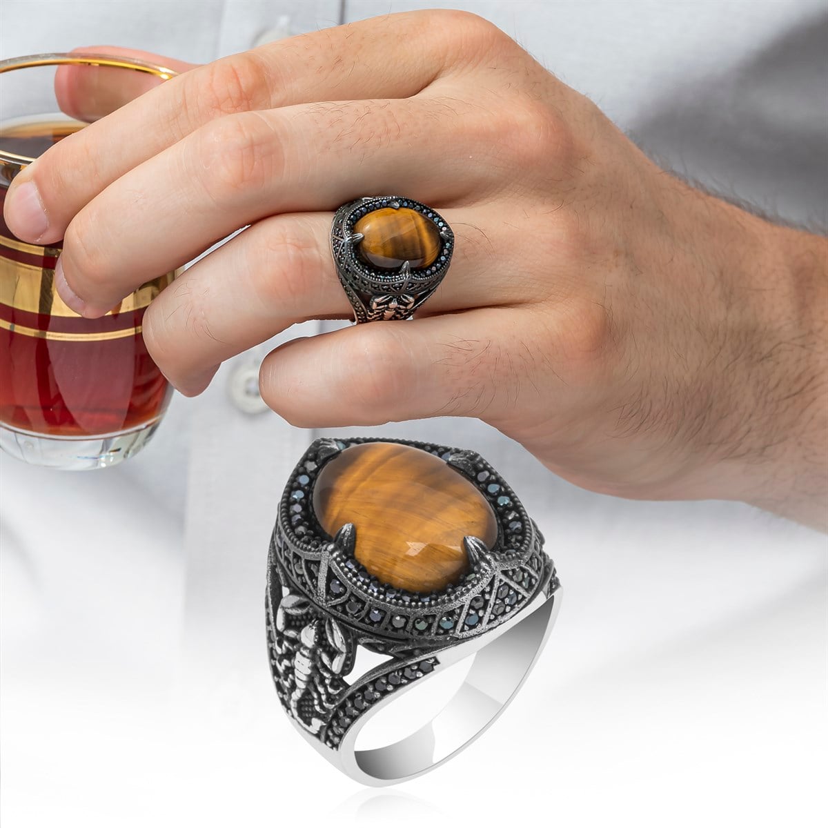 Kaplan Gözü Taşlı Akrep Figürlü 925 Gümüş Erkek Yüzük