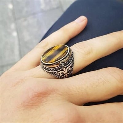 Kaplan Gözü Taşlı Erkek Yüzük
