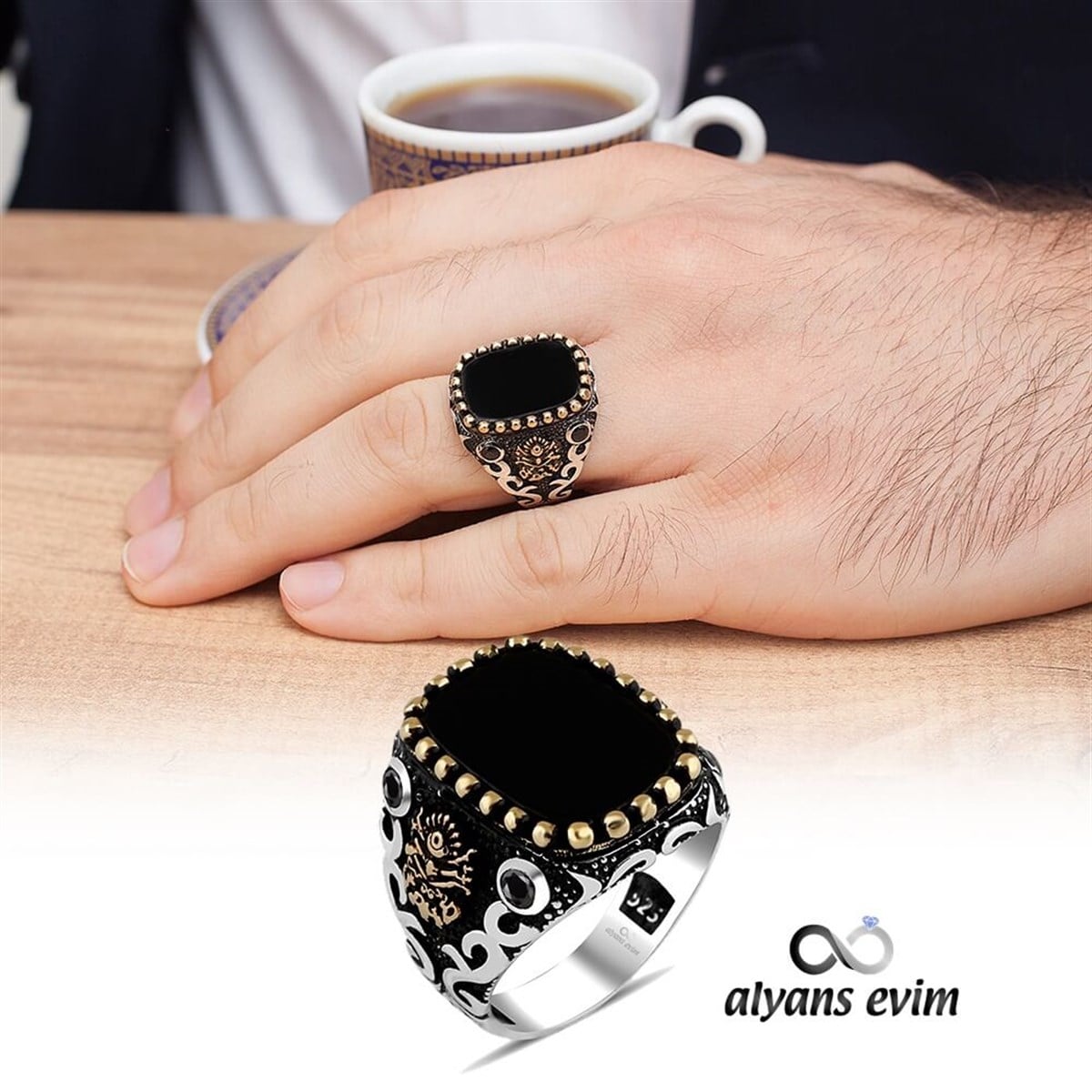 Kare Oniks Taşlı Osmanlı Devleti Gümüş Erkek Yüzük