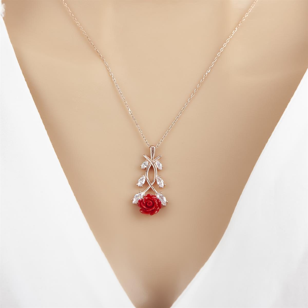 Kırmızı Gül Desenli Rose Kaplama 925 Gümüş Kadın Kolye