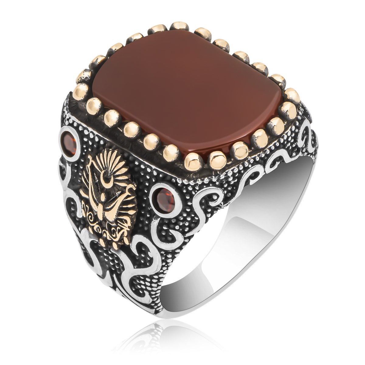 Osmanlı Devleti Armalı Akik Taşlı 925 Gümüş Erkek Yüzük