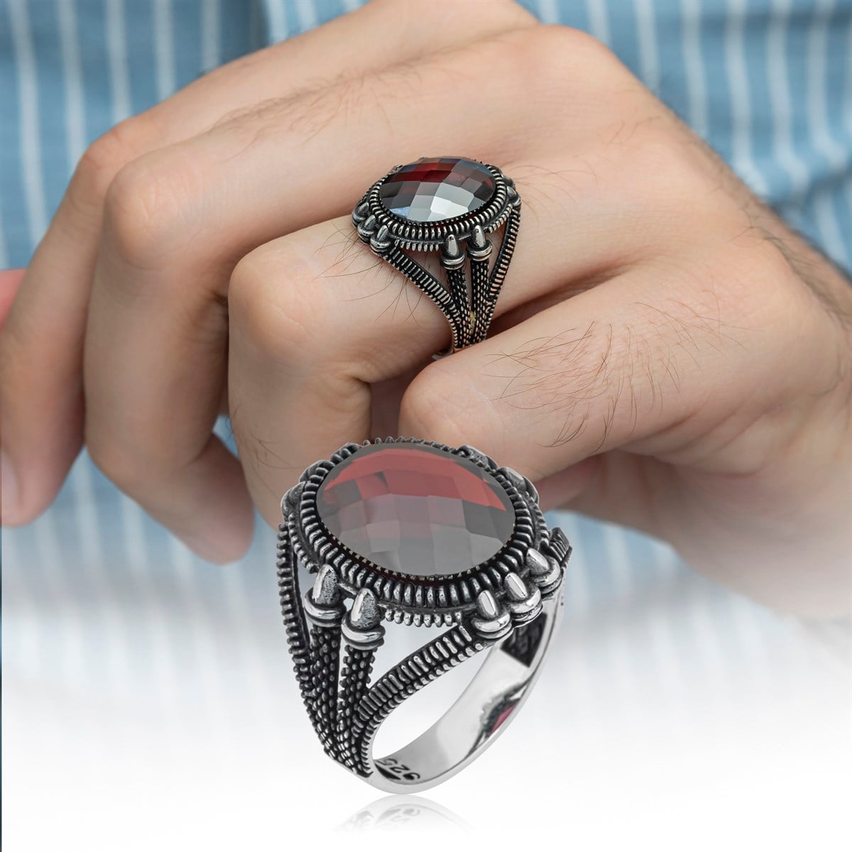 Oval Kırmızı Taşlı 925 Gümüş Erkek Yüzük
