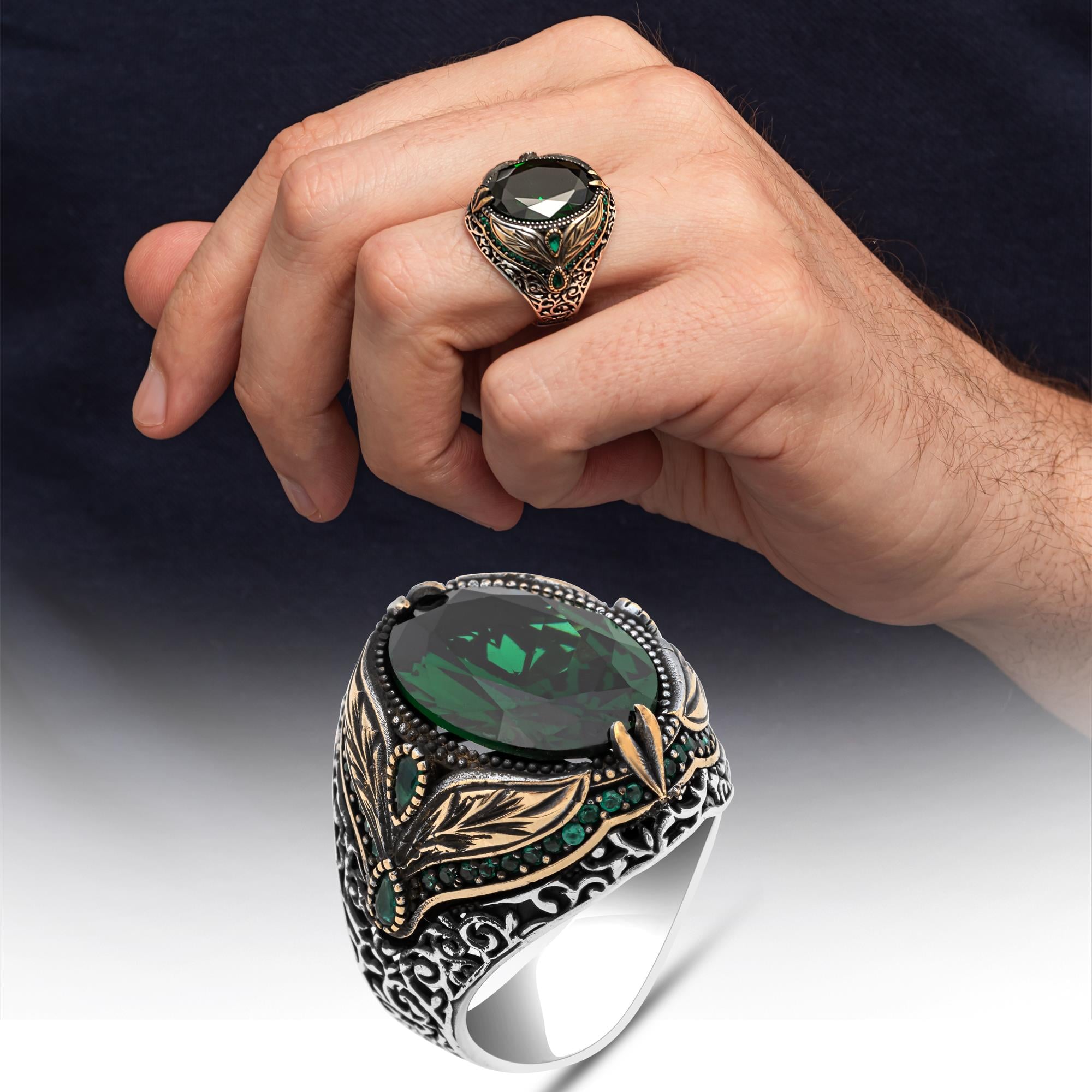 Oval Yeşil Taşlı Yaprak Model 925 Erkek Gümüş Yüzük