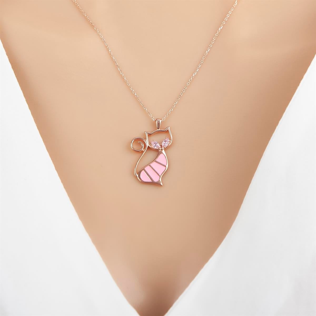 Pembe Kedi Modeli Rodyum Kaplama 925 Gümüş Kadın Kolye
