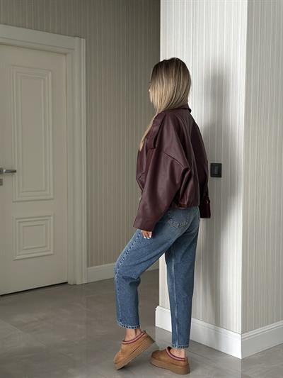 BORDO SUNİ DERİ OVERSİZE CEKET