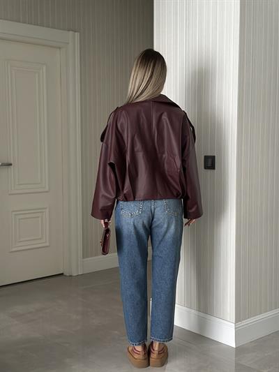 BORDO SUNİ DERİ OVERSİZE CEKET
