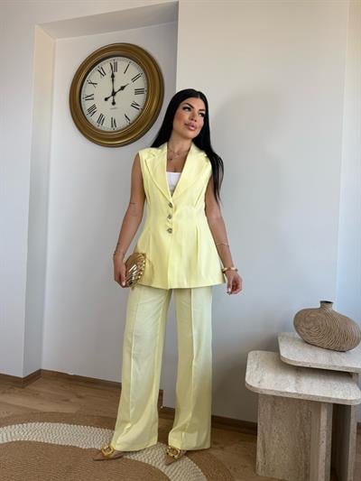 SARI PREMİUM KETEN YELEK PALAZZO TAKIM