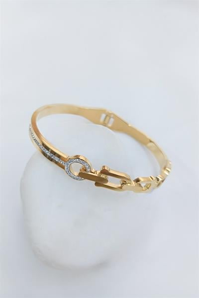 Zirkon Taşlı Gold Renk Çelik Kelepçe Bileklik / Model 115