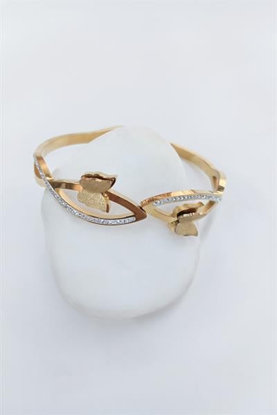 Zirkon Taşlı Gold Renk Çelik Kelepçe Bileklik / Model 110