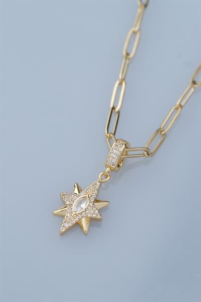 Zirkon Taşlı Gold Renk Kutup Yıldızı Çelik Kolye / Model 200