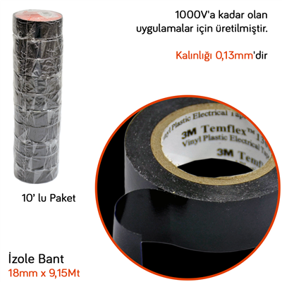 3M İzole Bant 19 mm Siyah PVC 10 lu Temflex 1300e