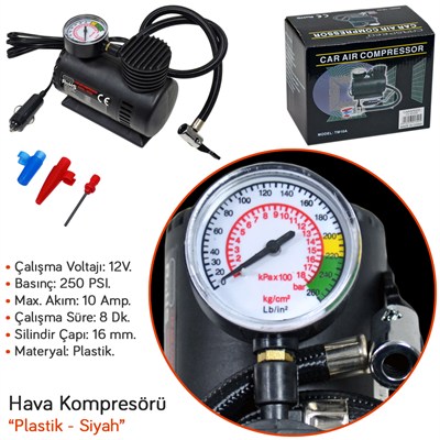 Carspeed Hava Kompresörü 12V 250 Psi Plastik Siyah TM10A CS-KP300