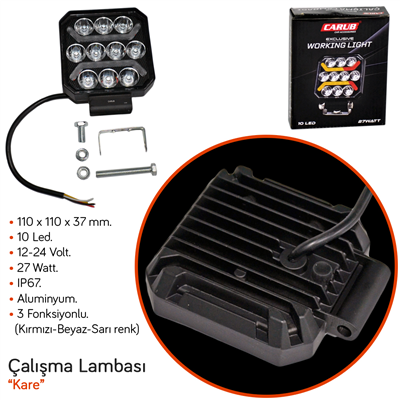 Carub 12-24V Çalışma Lambası Kare 10 Led 27W 3 Fonksiyonlu 110x110x37mm BR3010581