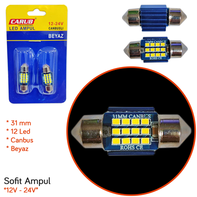 Carub 12V-24V Sofit Ampul 31 mm 12 Led Canbus Metal Beyaz BR0402244
