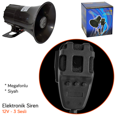 Carub 12V Elektronik Siren 3 Sesli Mikrofonlu Siyah BR2744101