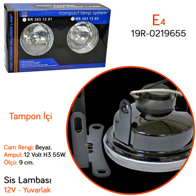Carub 12V Sis Lambası Yuvarlak 9 cm Beyaz Tampon İçi BR3031301