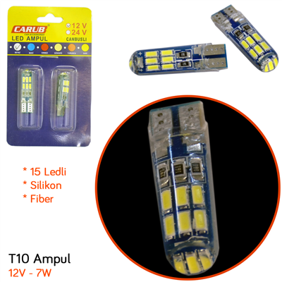 Carub 12V T10 Ampul 15 Led 7W SMD Silikon Fiber Canbus Beyaz BR0405543