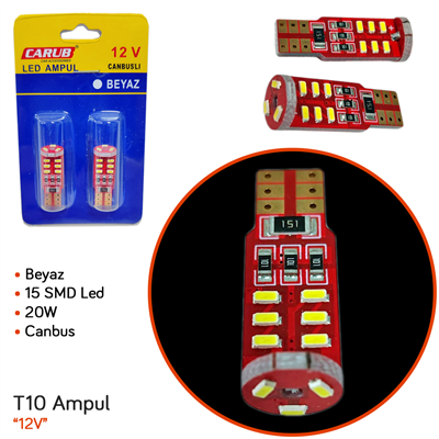 Carub 12V T10 Ampul 15 SMD Led 20W Canbus Fiber Beyaz BR0405538