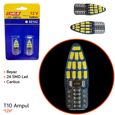 Carub 12V T10 Ampul 24 SMD Led Canbus Fiber Beyaz BR0400270