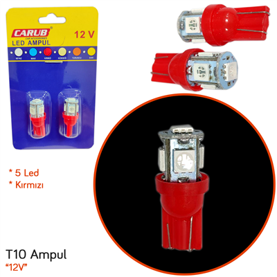 Carub 12V T10 Ampul 5 Led SMD Kırmızı BR0400237
