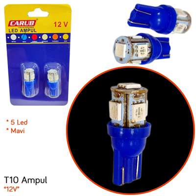 Carub 12V T10 Ampul 5 Led SMD Mavi BR0400234