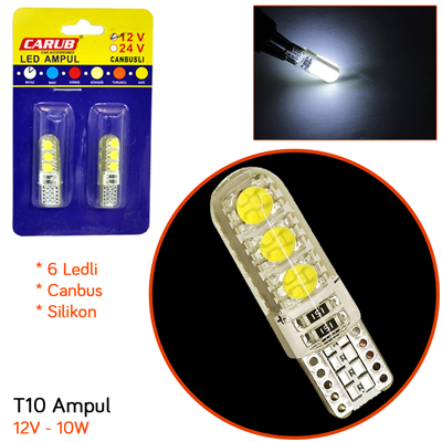 Carub 12V T10 Ampul 6 Led 10W SMD Silikon Canbus Beyaz BR0405539