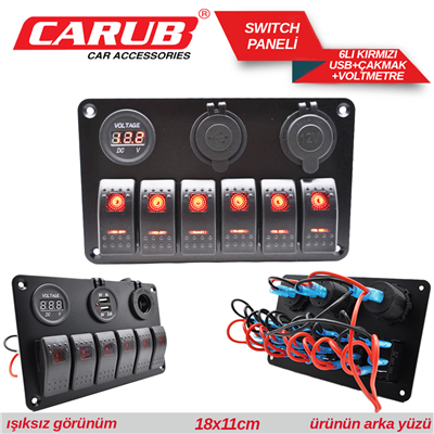 Carub Anahtar Switch Paneli 6 lı Voltmetre + USB + Çakmak Kırmızı Işıklı 18x11 cm BR4630153