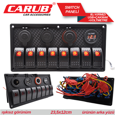 Carub Anahtar Switch Paneli 8 lı Voltmetre + USB + Çakmak Kırmızı Işıklı 23,5x12 cm BR4630155