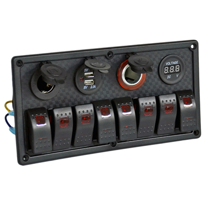 Carub Anahtar Switch Paneli 8 lı Voltmetre + USB + Çakmak Kırmızı Işıklı 23,5x12 cm BR4630155