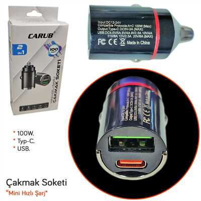 Carub Araç Çakmak Şarj Soketi Mini Usb+Type C BR5901849
