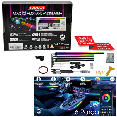 Carub Araç İçi Ambiyans Aydınlatma Wifi Kontrol 12-24V USB 6 Parça BR4625521