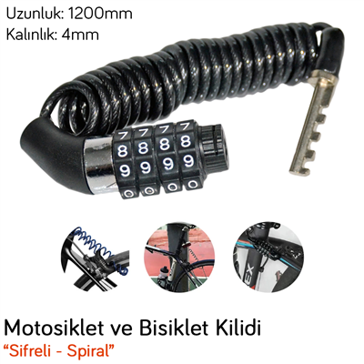 Carub Bisiklet ve Motosiklet Kilidi Spiralli Şifreli 4x1200 mm BR1740108