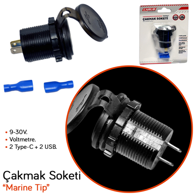 Carub Çakmak Soketi 9-30V Marine Tip Voltmetre + 2 Type-C + 2 USB BR1700817
