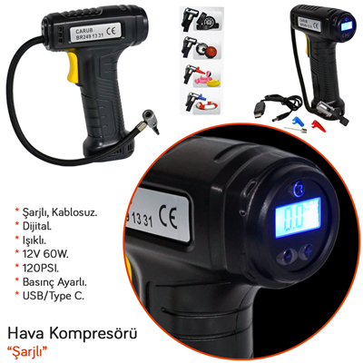 Carub Hava Kompresörü Şarjlı Dijital 12V 60W 120PSI Usb/Type C BR2491331