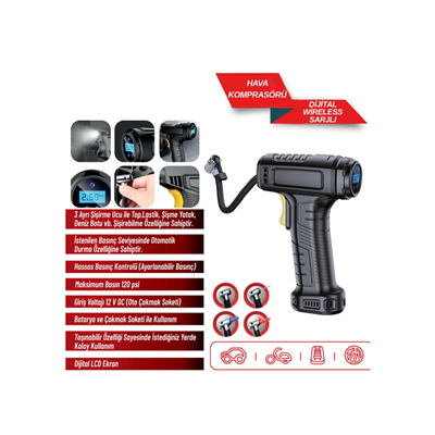 Carub Hava Kompresörü Şarjlı Dijital 12V 60W 120PSI Usb/Type C BR2491331