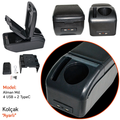 Carub Kolçak Ayarlı Alman Mod. 2 TypeC + 4 USB li Siyah BR4705720